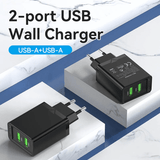 Vention 2-Port USB (A+A) Wall Charger 18W on a marble surface, showcasing dual charging ports for efficient power delivery.