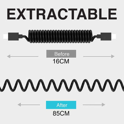 Spring cable length illustration labelled 16 cm coiled and 85 cm extended