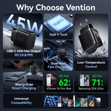 Vention 2-Port USB (C + C) GaN Charger 45W with dual-port fast charging and universal compatibility.