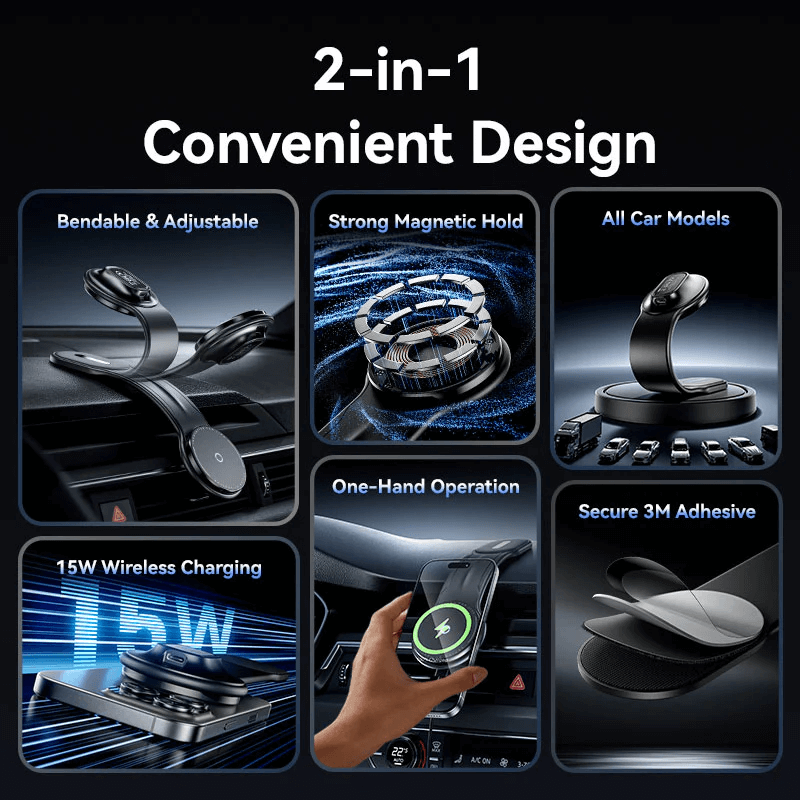 Vention Magnetic Wireless Car Mount Charger 15W features a strong magnetic hold and convenient 2-in-1 design for efficient charging.
