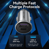 Vention Car Charger 30W with USB-C and USB-A ports for fast charging protocols.