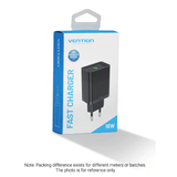 Vention 18W Single Port USB Wall Charger packaging showcasing fast charging capabilities.