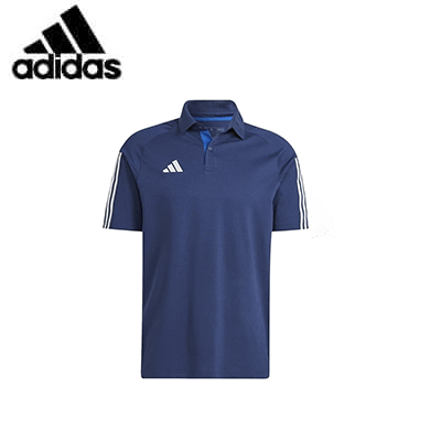 Adidas Tiro 23 Polo Tee in navy blue with classic collar and three stripes design.