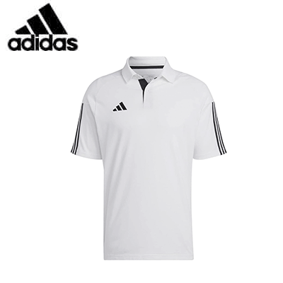 Adidas Tiro 23 Polo Tee in white, featuring ribbed collar and three-stripe detailing, perfect for athletic and casual wear.