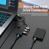 Vention 5-in-1 USB 3.0 Hub with Dual Connectors connecting to a computer and hard drive, showcasing versatile connectivity.