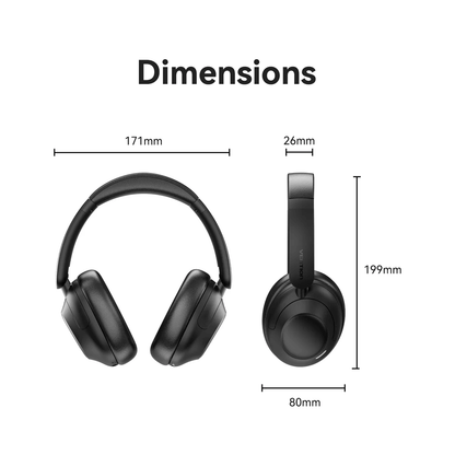 Dimensions of Vention Echo Clarity LH01 Wireless Headphone showing height, width, and depth measurements.