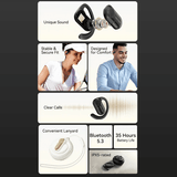 Vention Wireless Bluetooth Open Ear Headphones OpenBeat features including unique sound, secure fit, and IPX5 rating.
