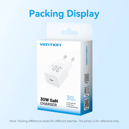 Packing display of Vention 1-Port USB-C GaN Charger 30W with compact design and 30W output.