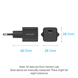 Venion 1-Port USB-C Wall Charger PD20W dimensions with USB-C port for fast charging.