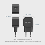 Vention 1-Port USB Wall Charger 18W dimensions with USB outlet and side view safety note