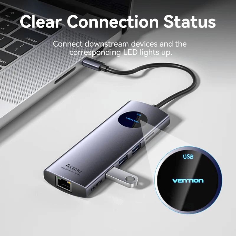 Vention 9-in-1 USB-C MST Docking Station showcasing clear connection status with LED indicators.