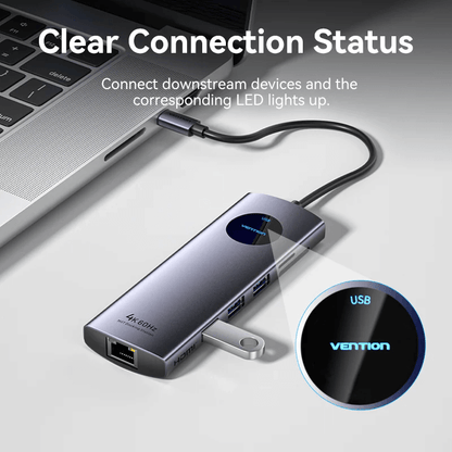 Vention 9-in-1 USB-C MST Docking Station showcasing clear connection status with LED indicators.