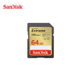 SanDisk Extreme SDXC QuickFlow UHS-I 64GB memory card for high-speed data transfer and 4K video recording.