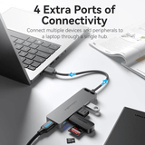 Vention 5-in-1 USB 3.0 Super Speed Hub connected to a laptop, showcasing 4 extra ports of connectivity.
