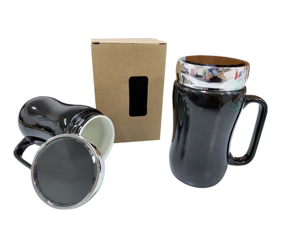 400ml Black Porcelain Mug with Silver Acrtlic Lid Executive Corporate Gifts Singapore