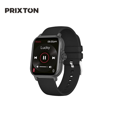 Prixton AT803 Activity Tracker with Thermometer displaying music controls on a vibrant touchscreen.