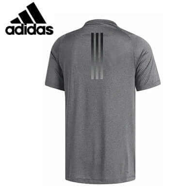 adidas Freelift Tech Climacool Fitted Tee Shirt back view in grey with logo and ventilation stripes.