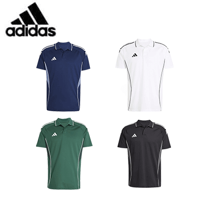 Adidas Tiro 25 Polo Tee collection featuring navy, white, green, and black colors with Adidas logo.
