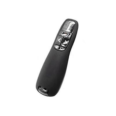 Black handheld wireless presenter with an elongated body and a cluster of slide-control buttons near the top