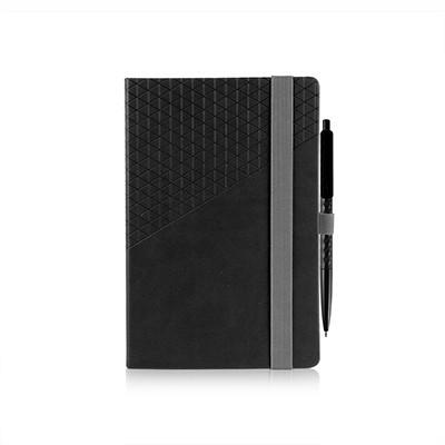 Closed black Geometric A5 notebook with patterned cover, grey elastic band and black pen held along the side