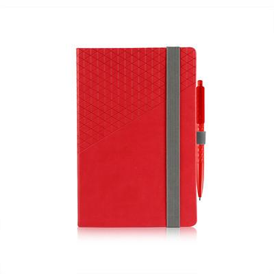 Closed red Geometric A5 notebook with patterned upper cover, grey elastic band and red pen held along the side