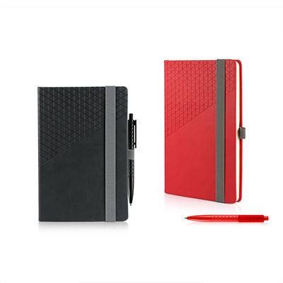 Black and red Geometric A5 notebooks with patterned cover panels, elastic closures and matching ballpoint pen examples