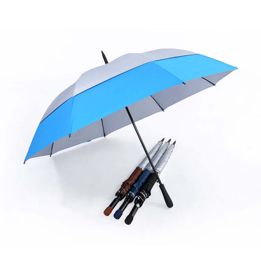 Open silver-and-blue double-tier golf umbrella with straight black handle and three closed colour examples