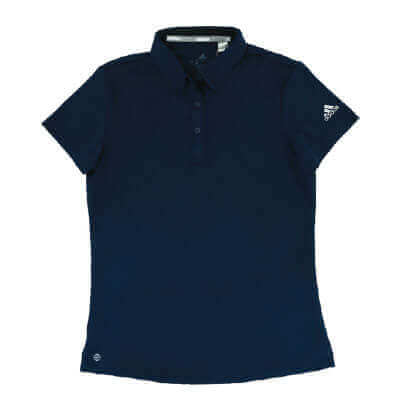 Front view of navy adidas women’s polo with short sleeves and shaped waist