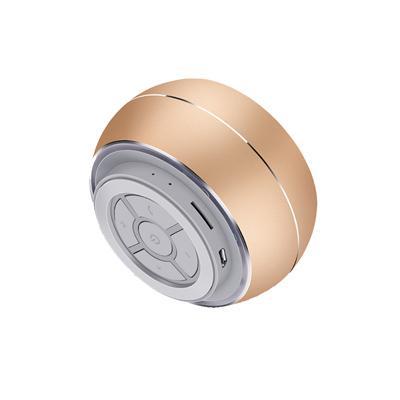 Gold I-Thrill speaker tilted to show the underside control buttons and connection openings
