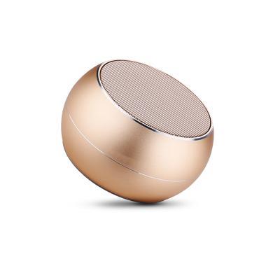 Gold I-Thrill Bluetooth speaker shown at an angle with a circular top grille and rounded body