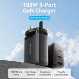 Vention 3-Port USB (C+C+A) GaN Charger (100W/65W/30W) UK-Plug