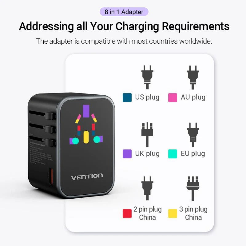 Vention 3-Port GaN USB A/C Universal Travel Adapter Executive Corporate Gifts Singapore