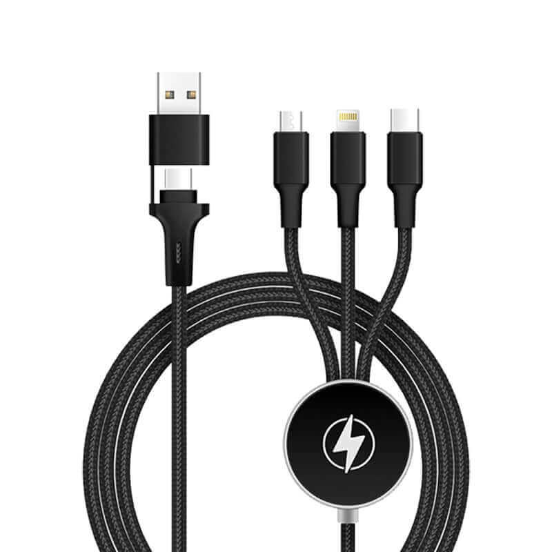 Black braided multi-connector cable with round logo disc, USB input adaptor and three device connectors