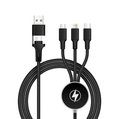 Black braided multi-connector cable with round logo disc, USB input adaptor and three device connectors