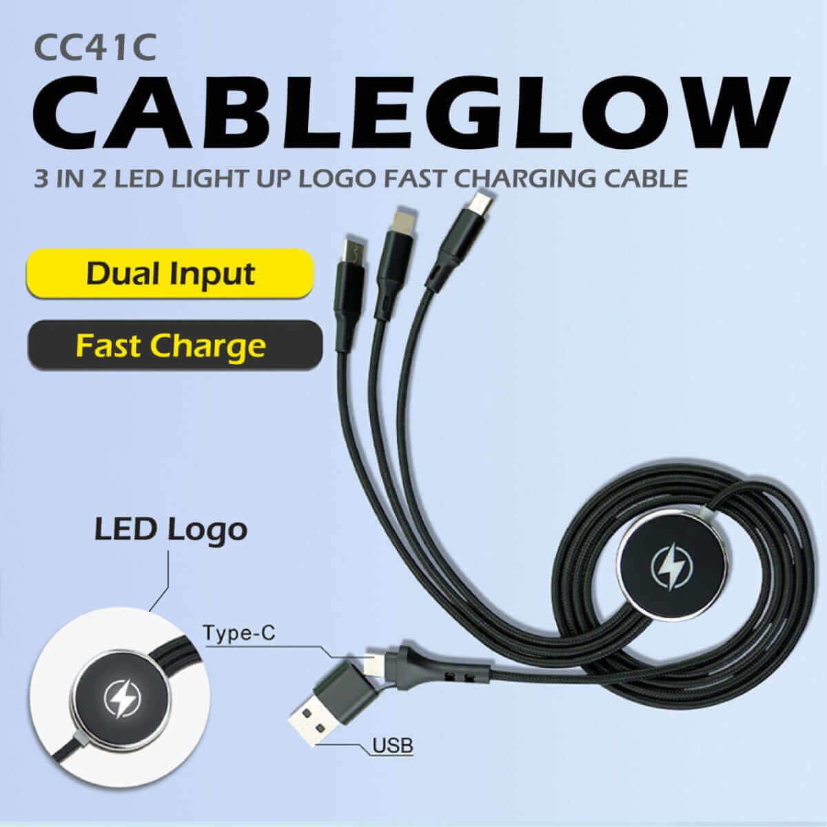 Black braided charging cable in a feature graphic showing its round LED logo area and dual input adaptor