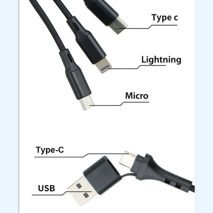 Connector diagram identifying Type-C, Lightning and Micro-USB ends and USB-A to USB-C input adaptor
