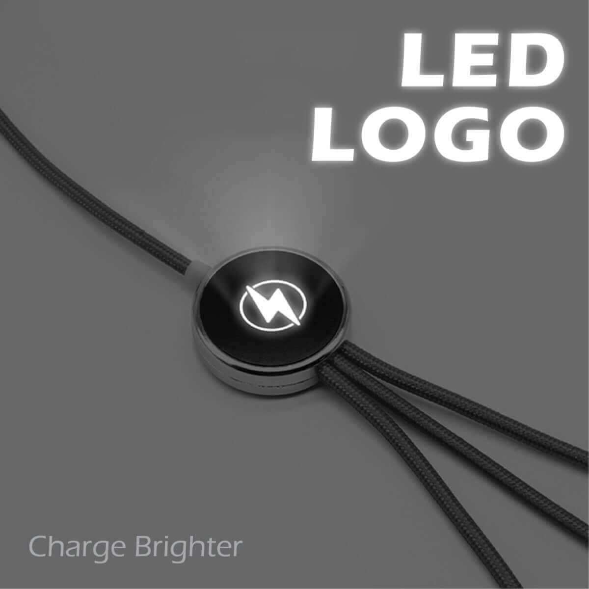 Round illuminated logo disc on black multi-connector charging cable
