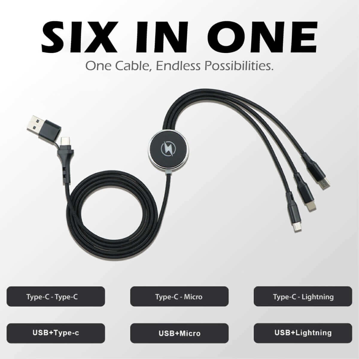 Cable graphic illustrating six combinations of USB-A or USB-C input with Type-C, Micro-USB and Lightning