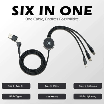 Cable graphic illustrating six combinations of USB-A or USB-C input with Type-C, Micro-USB and Lightning