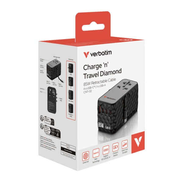 Verbatim Charge ‘n’ Travel Diamond 85W Universal Travel Adapter with Retractable Cable (CNT-02) Corporate Gifts Singapore