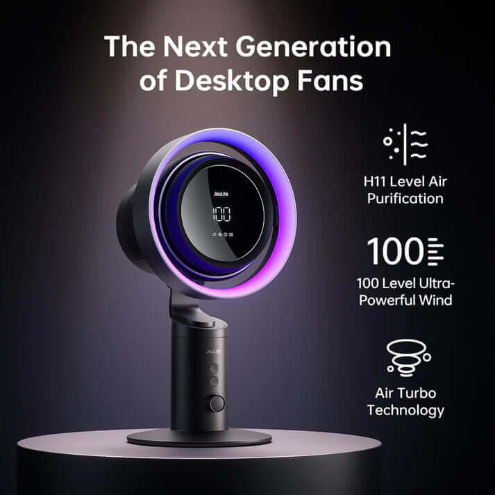JisuLife Table Fan Pro3 showcasing H11 air purification and 100-level wind power for modern desktop use.