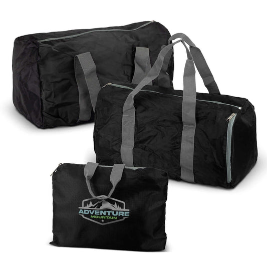Origami Foldable Duffle Bag in black, showcasing compact and versatile design for travel.