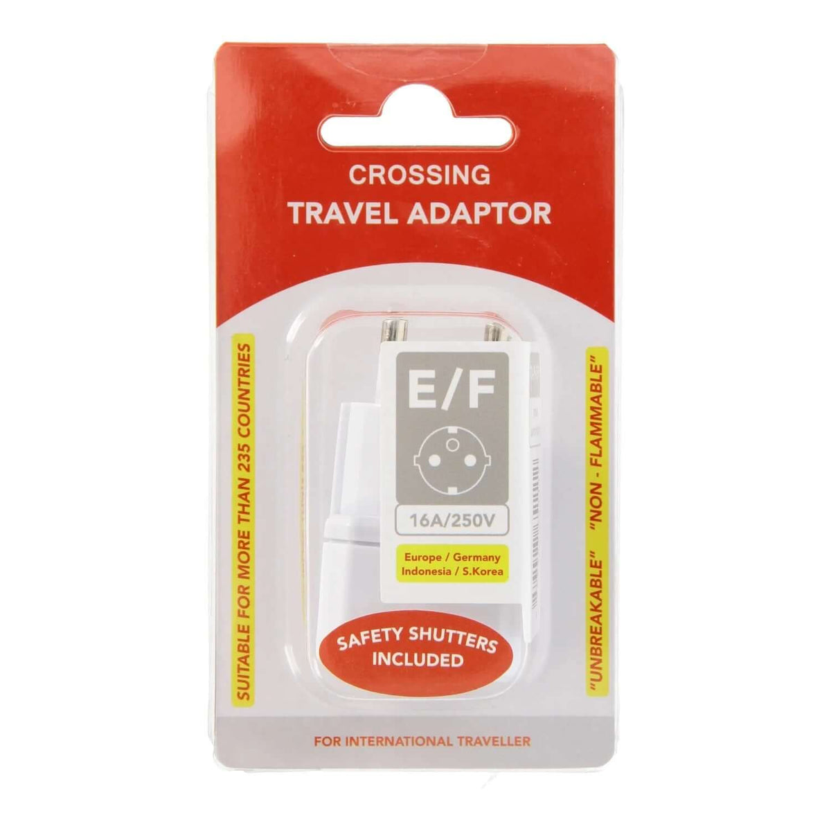Crossing Travel Adaptor Plug - E/F packaging showing compatibility for over 235 countries, suitable for travelers.