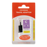 Crossing Travel Adaptor Plug - C packaging showing safety shutters, suitable for over 235 countries, a great corporate gift.