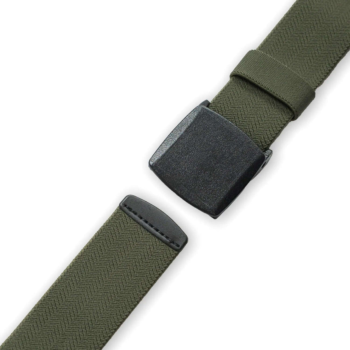 Crossing Travel Belt With Clip Buckle in olive green color, featuring a durable metal-free buckle for hassle-free travel.