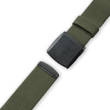 Crossing Travel Belt With Clip Buckle in olive green color, featuring a durable metal-free buckle for hassle-free travel.