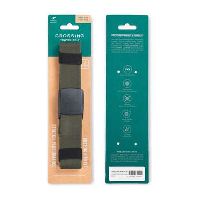 Crossing Travel Belt With Clip Buckle packaging showcasing its stretch performance and durable design.