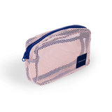 Crossing Jules Everywhere Mesh Pouch in pink mesh with blue zipper, perfect for travel and organization, ideal Corporate Gift.