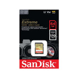 SanDisk Extreme SDXC QuickFlow UHS-I 64GB memory card packaging featuring fast transfer speeds and UHS Speed Class 3.