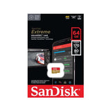 SanDisk Extreme microSDXC QuickFlow UHS-I 64GB memory card packaging with speed specifications.